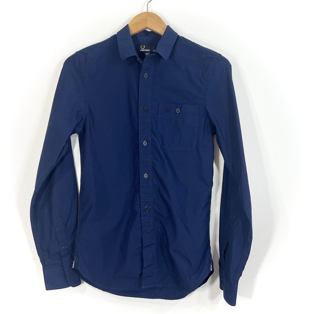 Fred Perry Long Sleeve Button Down Shirt Mens Size XS Navy Blue 100% Cotton